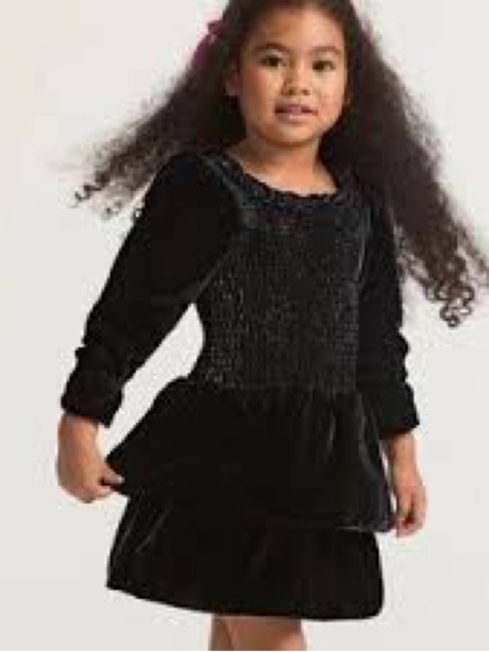 LoveShack Fancy Girls Black Velvet Long-Sleeve Tiered Dress